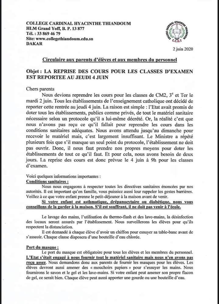 Reprise des cours: le Collège Cardinal Hyacinthe Thiandoum ne va pas rouvrir demain mardi