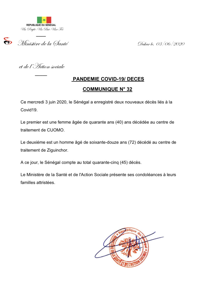 Covid19 au Sénégal - deux nouveaux décès enregistrés: le décompte macabre est à 45 morts Covid19 au Sénégal - deux nouveaux décès enregistrés: le décompte macabre est à 45 morts
