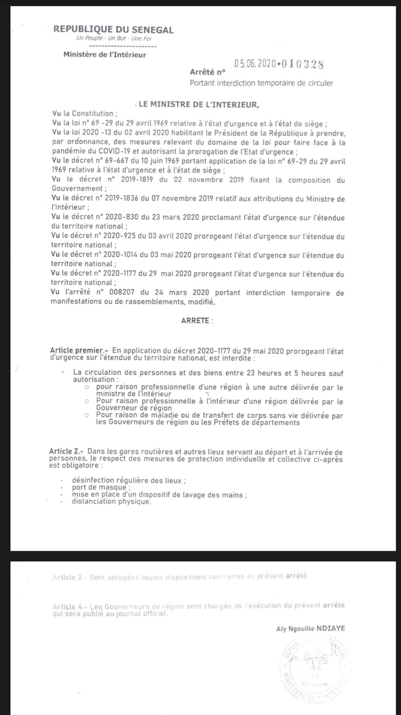 Les arrêtés du ministre Aly Ngouille Ndiaye sur les dernières mesures d’assouplissement de l’Etat d’urgence... Couvre-feu, transports interurbains (Documents)