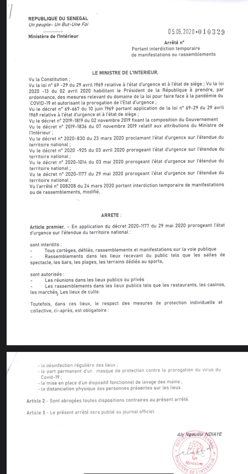 Les arrêtés du ministre Aly Ngouille Ndiaye sur les dernières mesures d’assouplissement de l’Etat d’urgence... Couvre-feu, transports interurbains (Documents)