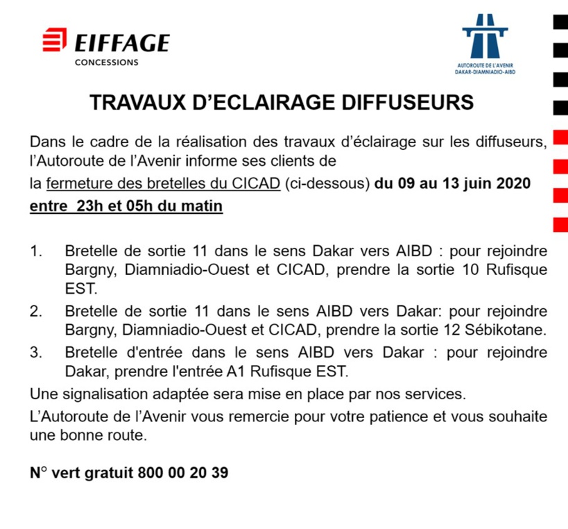 Travaux d’éclairage sur les Diffuseurs: Eiffage Concessions annonce la fermeture de Bretelles du CICAD de l’Autoroute de l’Avenir du 09 au 13 juin de 23h à 05h Travaux d’éclairage sur les Diffuseurs: Eiffage Concessions annonce la fermeture de Bretelles du CICAD de l’Autoroute de l’Avenir du 09 au 13 juin de 23h à 05h