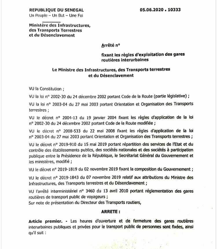Transport interurbain: les heures d’ouverture et de fermeture des gares fixées par Oumar Youm
