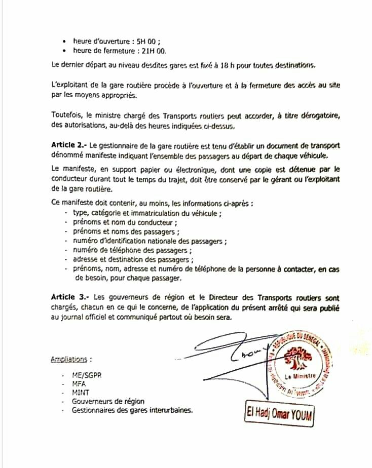 Transport interurbain: les heures d’ouverture et de fermeture des gares fixées par Oumar Youm