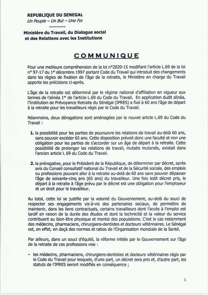 Décret portant fixation âge de la retraite: le ministre du Travail explique et cite les professions et emplois ciblés