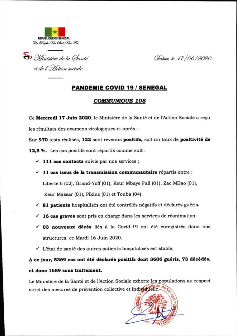 Covid19: trois nouveaux décès déclarés mercredi, soit un total de 73 au 17 juin