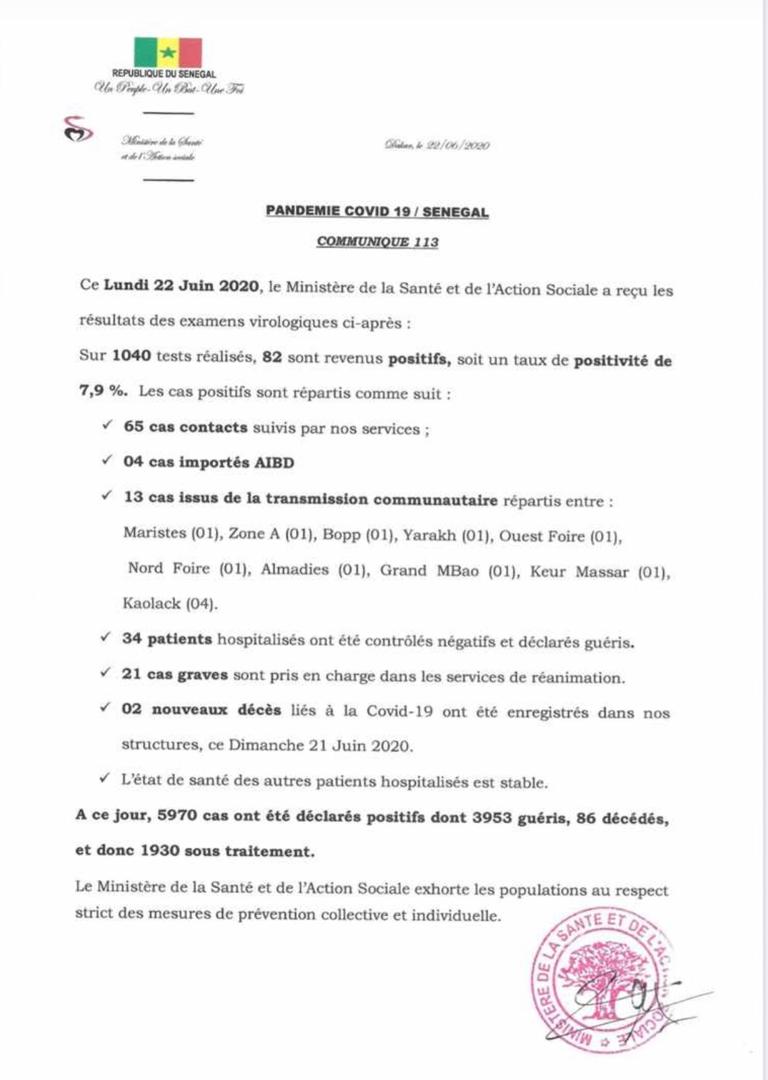 Covid19: deux nouveaux décès déclarés lundi, soit un total de 86 au 22 juin