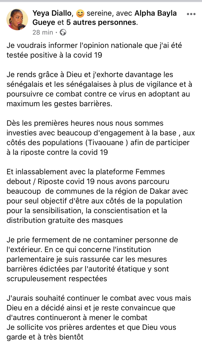 La députée socialiste Yeya Diallo annonce être testée positive à la Covid-19
