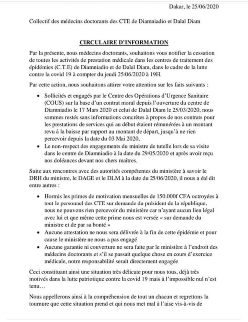 Traitement des malades Covid-19: les médecins doctorants annoncent la cessation de toutes leurs activités Traitement des malades Covid-19: les médecins doctorants annoncent la cessation de toutes leurs activités