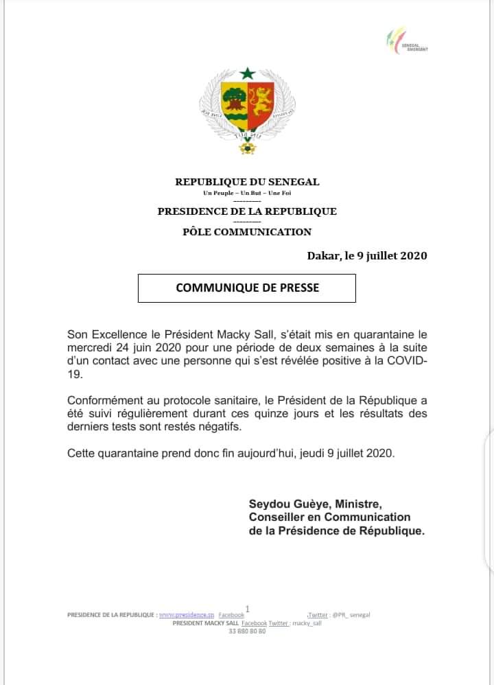 #Covid-19: le président Macky Sall est sorti de sa mise en quarantaine, les tests effectués sur lui sont revenus négatifs (communiqué)