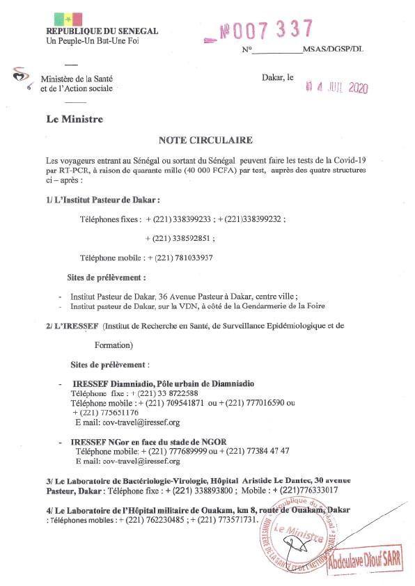 Entrée ou sortie du territoire sénégalais : un nouveau protocole sanitaire mis en place pour les voyageurs (Document)