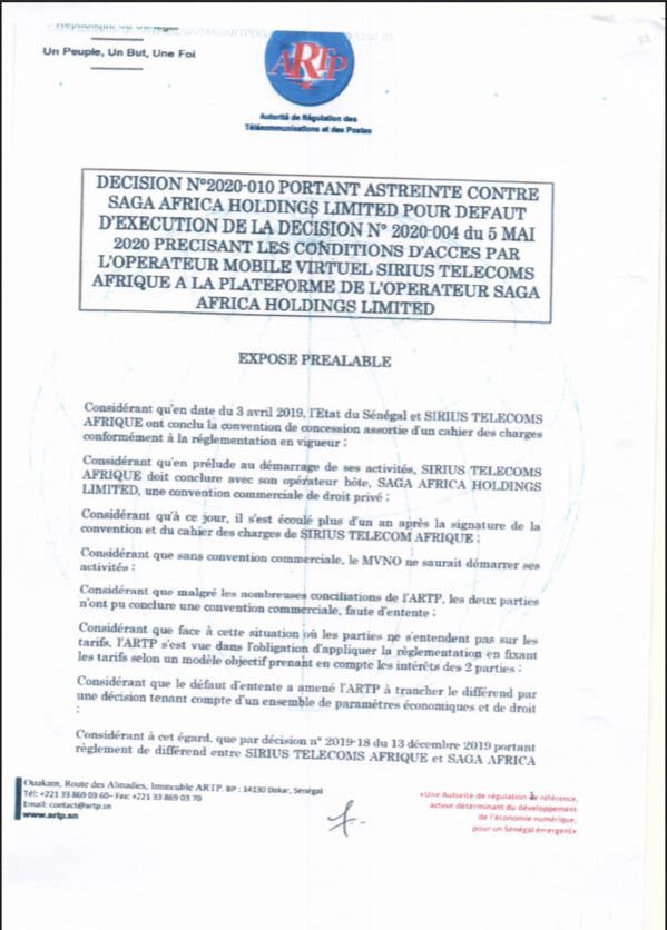 L'ARTP inflige à l'opérateur Saga africa Holding Limited une astreinte de 2% sur son chiffre d'affaires journalier (Document) L'ARTP inflige à l'opérateur Saga africa Holding Limited une astreinte de 2% sur son chiffre d'affaires journalier (Document)