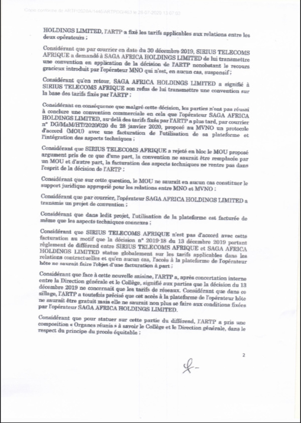 L'ARTP inflige à l'opérateur Saga africa Holding Limited une astreinte de 2% sur son chiffre d'affaires journalier (Document) L'ARTP inflige à l'opérateur Saga africa Holding Limited une astreinte de 2% sur son chiffre d'affaires journalier (Document)