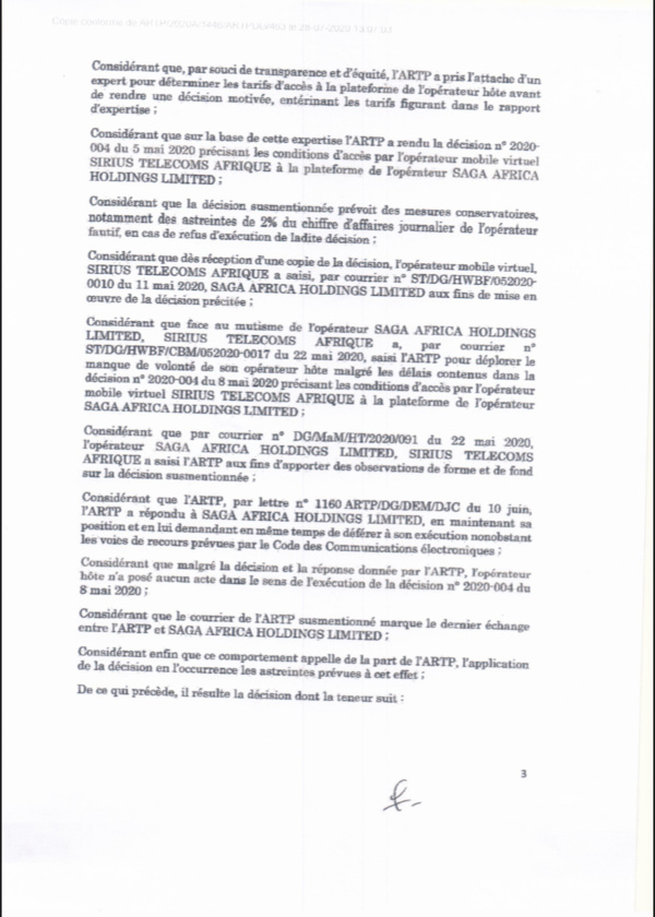 L'ARTP inflige à l'opérateur Saga africa Holding Limited une astreinte de 2% sur son chiffre d'affaires journalier (Document) L'ARTP inflige à l'opérateur Saga africa Holding Limited une astreinte de 2% sur son chiffre d'affaires journalier (Document)