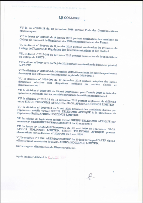 L'ARTP inflige à l'opérateur Saga africa Holding Limited une astreinte de 2% sur son chiffre d'affaires journalier (Document) L'ARTP inflige à l'opérateur Saga africa Holding Limited une astreinte de 2% sur son chiffre d'affaires journalier (Document)