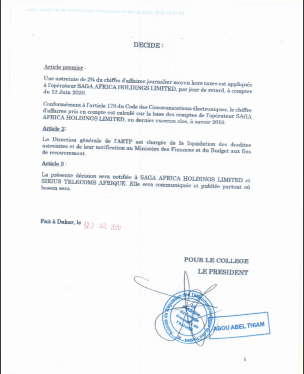L'ARTP inflige à l'opérateur Saga africa Holding Limited une astreinte de 2% sur son chiffre d'affaires journalier (Document) L'ARTP inflige à l'opérateur Saga africa Holding Limited une astreinte de 2% sur son chiffre d'affaires journalier (Document)