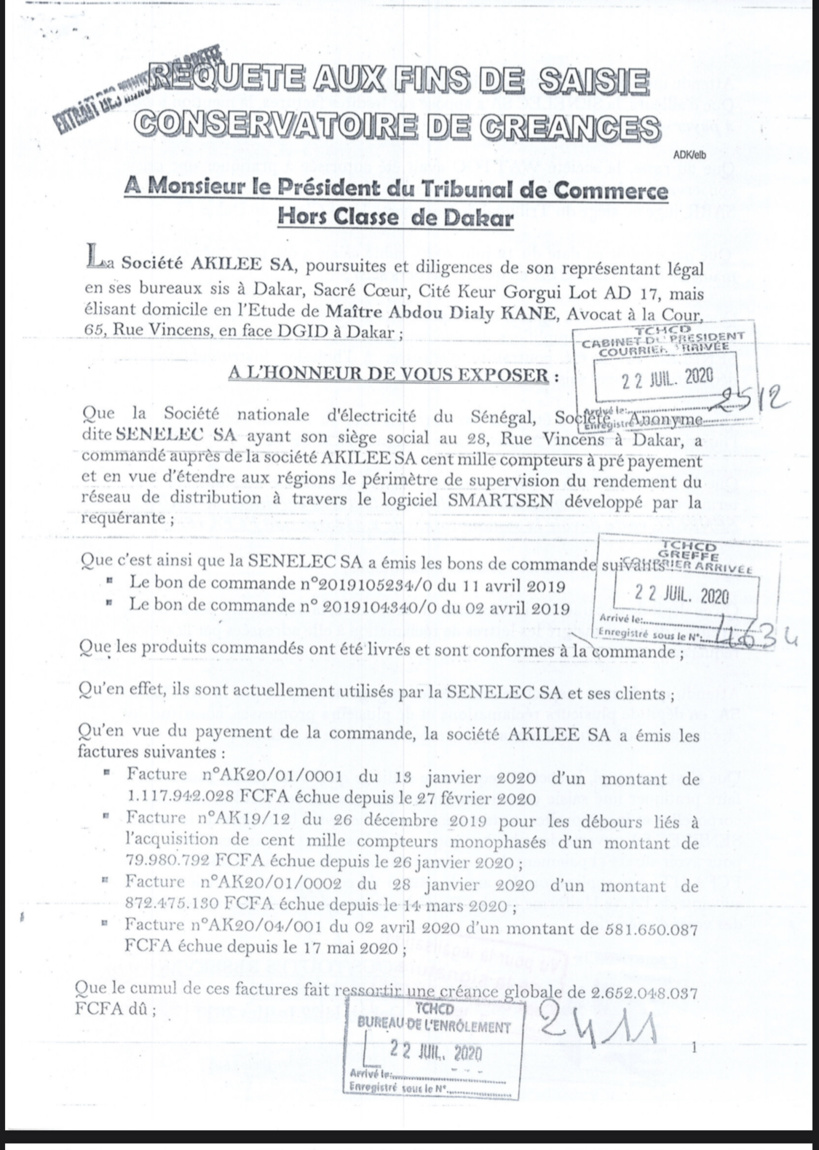 Refus de paiement d'une dette estimée à 2,6 milliards F Cfa : Akilee bloque les comptes de la Senelec Refus de paiement d'une dette estimée à 2,6 milliards F Cfa : Akilee bloque les comptes de la Senelec