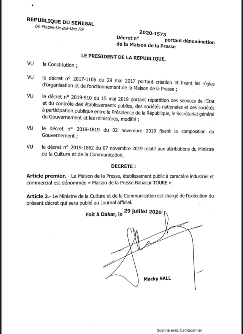Le Décret portant dénomination de la Maison de la Presse publié
