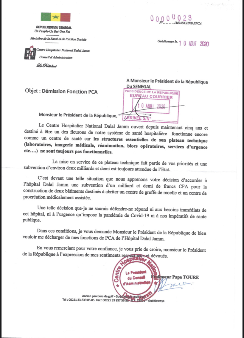 Hôpital Dalal Jamm: le PCA dit ses vérités au Président avant de claquer la porte (Document)