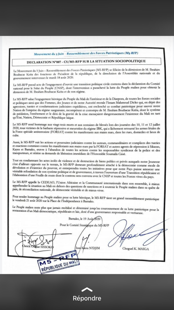 Mali : le M5-RFP invite la Cedeao, l'UA et la Communauté internationale à mieux appréhender la situation (Document)