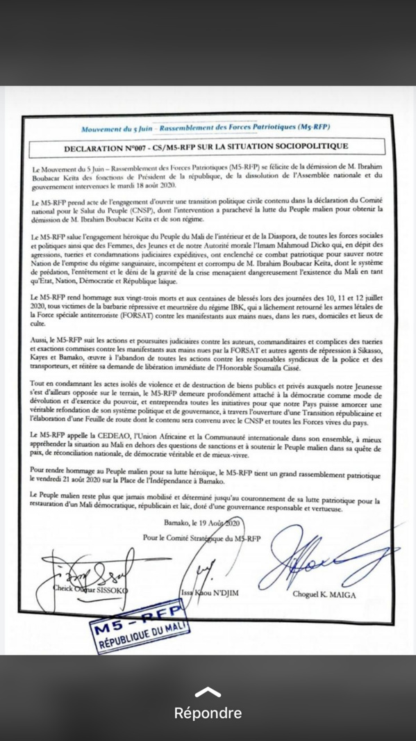 Mali : le M5-RFP invite la Cedeao, l'UA et la Communauté internationale à mieux appréhender la situation (Document) Mali : le M5-RFP invite la Cedeao, l'UA et la Communauté internationale à mieux appréhender la situation (Document)