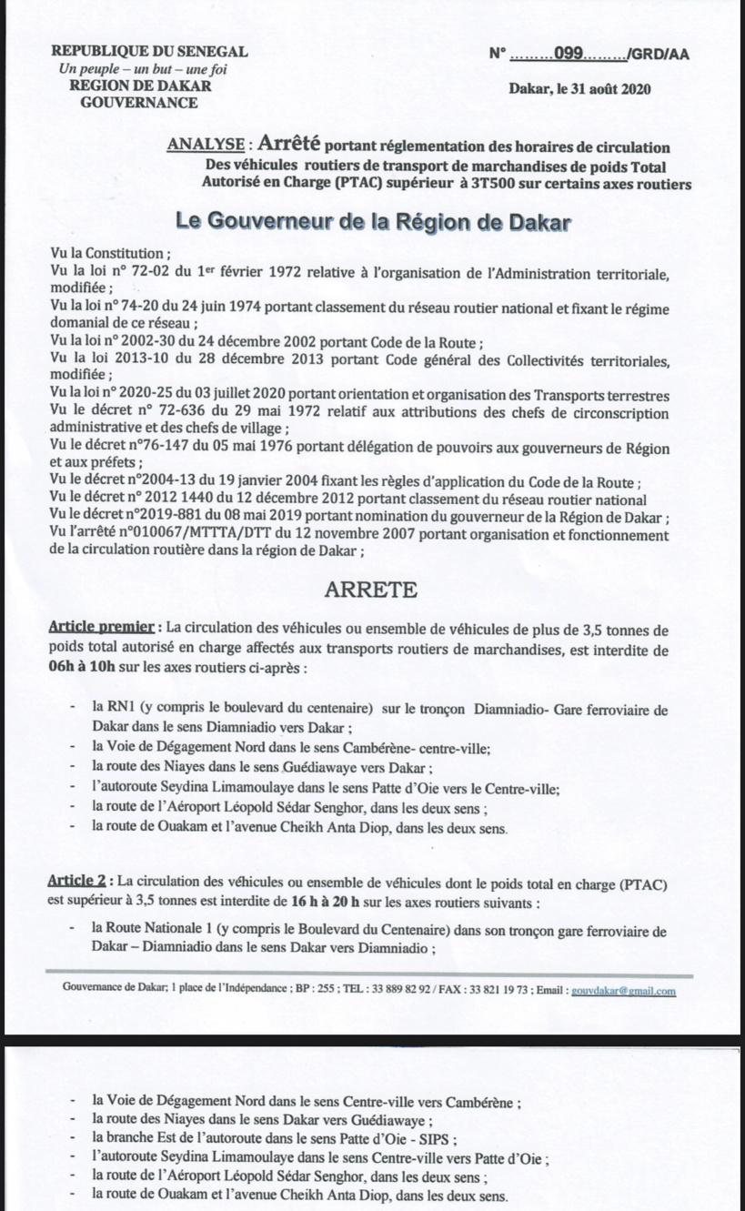 Le Gouverneur de Dakar brandit un arrêté pour réglementer la circulation des gros porteurs Le Gouverneur de Dakar brandit un arrêté pour réglementer la circulation des gros porteurs