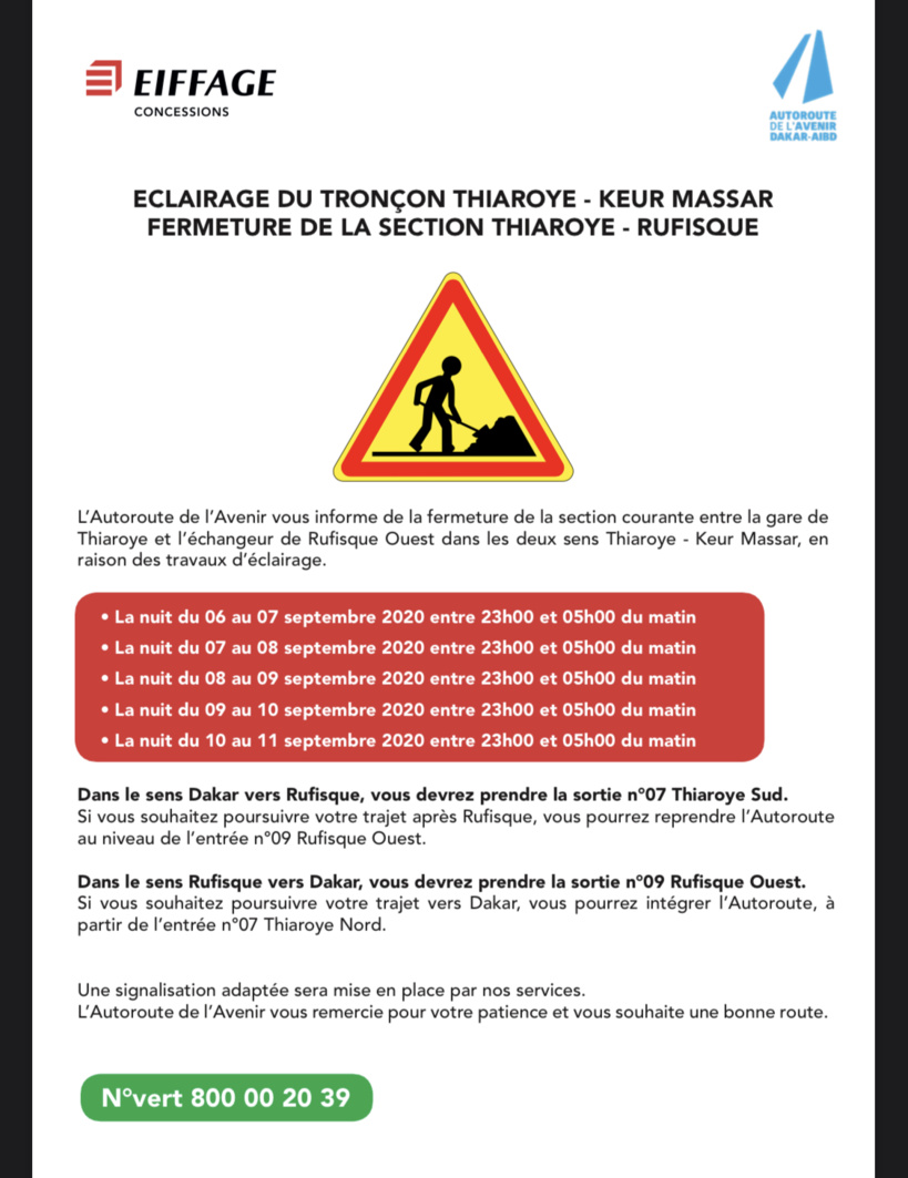 Travaux d'éclairage sur le tronçon Thiaroye-Keur Massar: L’Autoroute de l’Avenir informe de la fermeture de la section Thiaroye rufisque