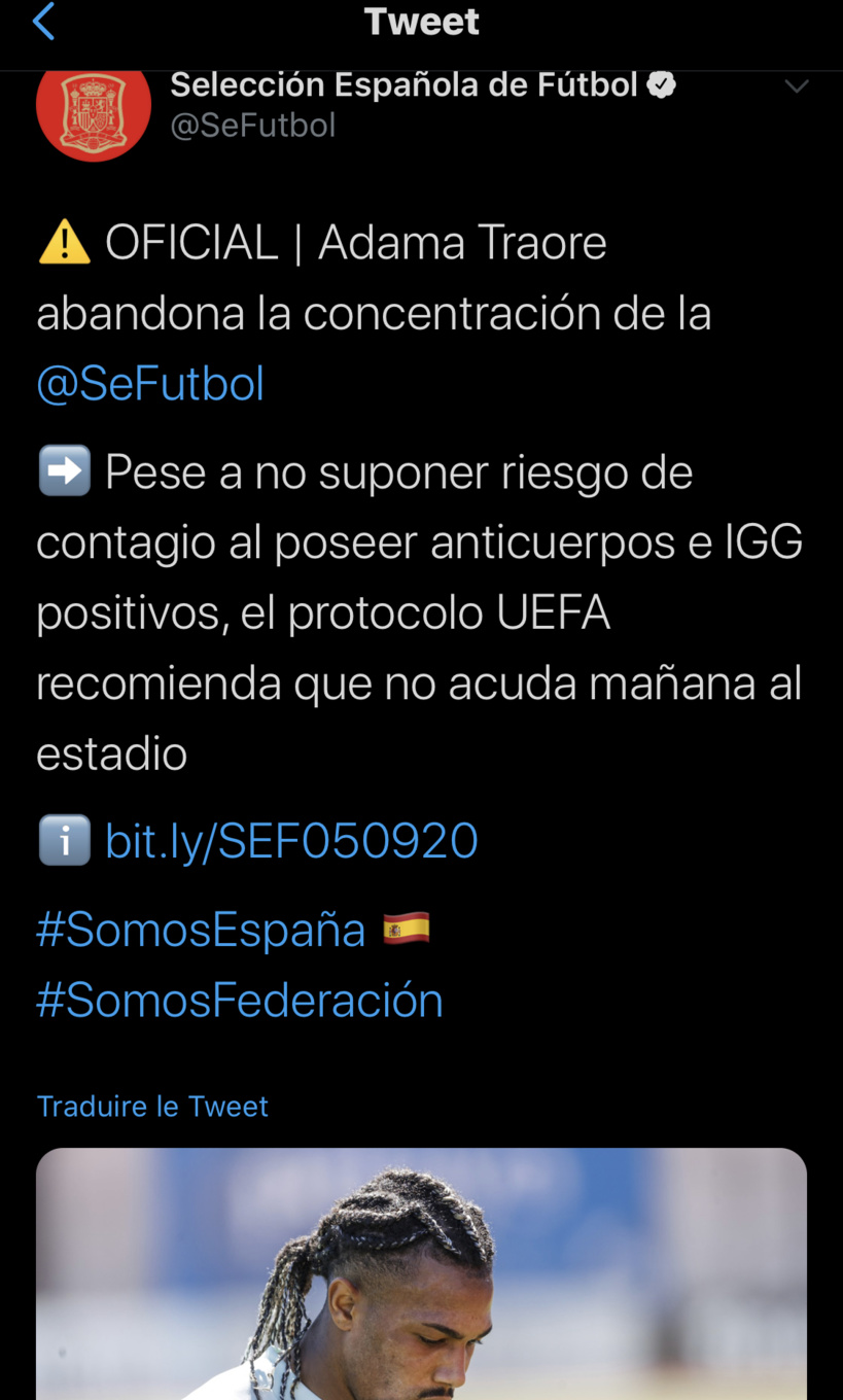 Ligue des Nations: Adama Traoré quitte le regroupement de la Roja Ligue des Nations: Adama Traoré quitte le regroupement de la Roja