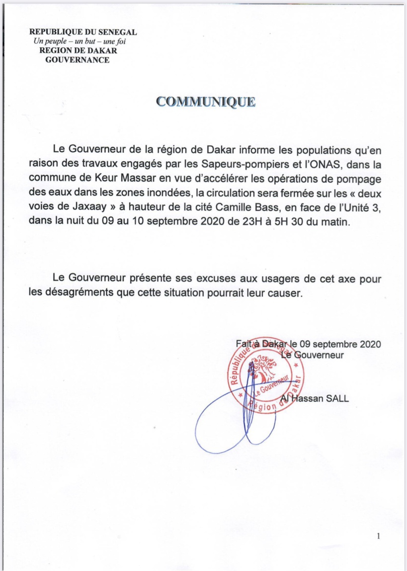 Opérations de pompages des eaux dans les zones inondées : « les deux voies de Jaxaay fermées », annonce le Gouverneur de Dakar