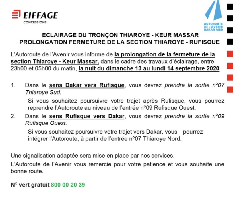 Travaux d’éclairage Thiaroye-Rufisque: prolongation de la fermeture de la Section Thiaroye-Rufisque