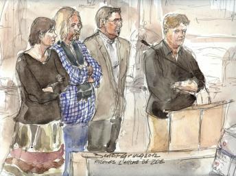 Marie-Agnes Peleran, Alain Peligat, Philippe van Winkelberg et Christophe Letien au premier jour du procès. Paris, le 3 décembre 2012.