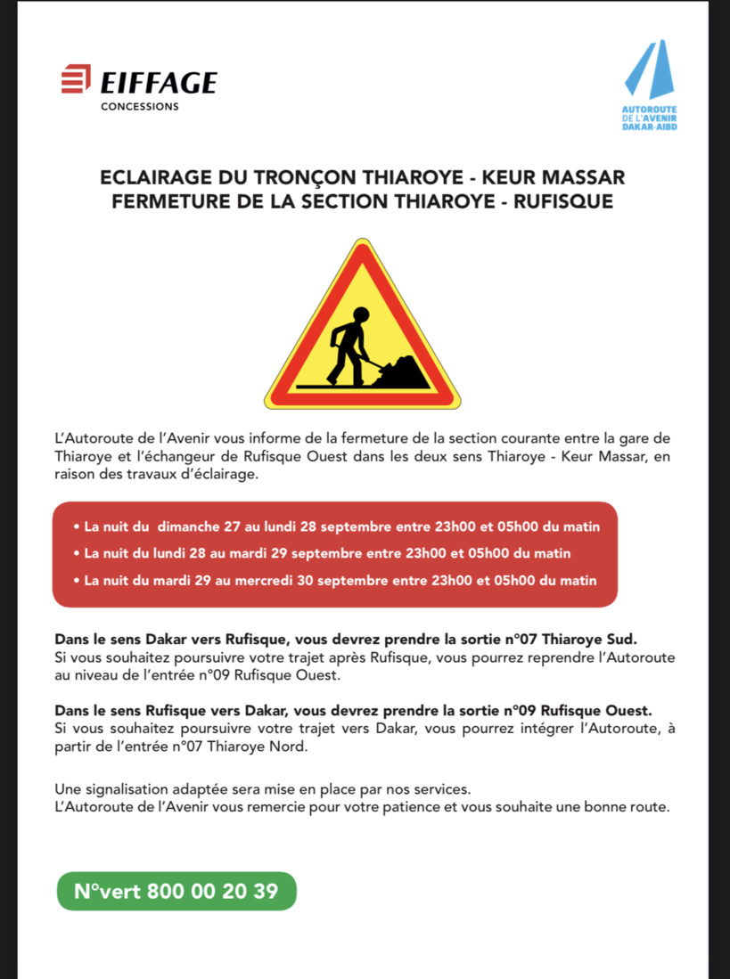 Travaux d’éclairage tronçon Thiaroye-Keur Massar: Jours et heures de fermetures de la section Thiaroye-Rufisque (Autoroute de l’Avenir)