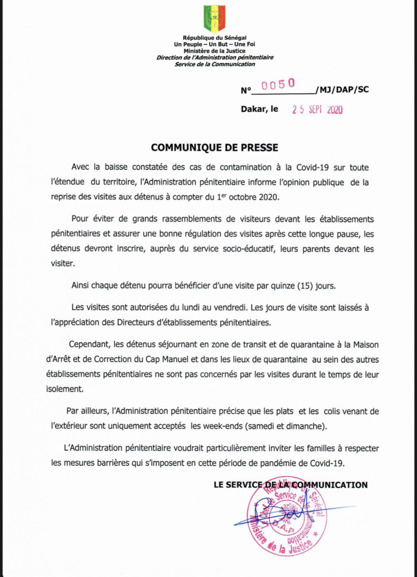 L’administration pénitentiaire annonce la reprise des visites aux détenus L’administration pénitentiaire annonce la reprise des visites aux détenus