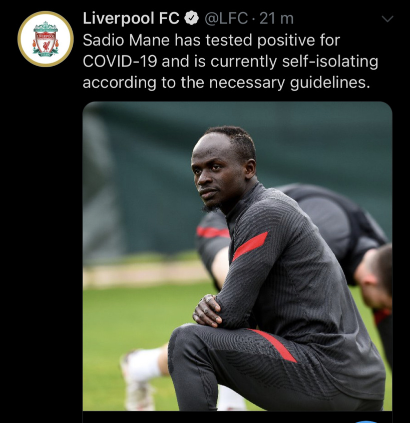 Sadio Mané testé positif à la Covid-19 Sadio Mané testé positif à la Covid-19