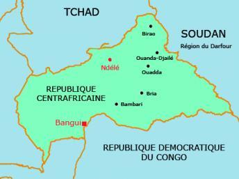 Carte de la République Centrafricaine. La ville de Ndélé est toujours sous occupation de l'UFDR. RFI