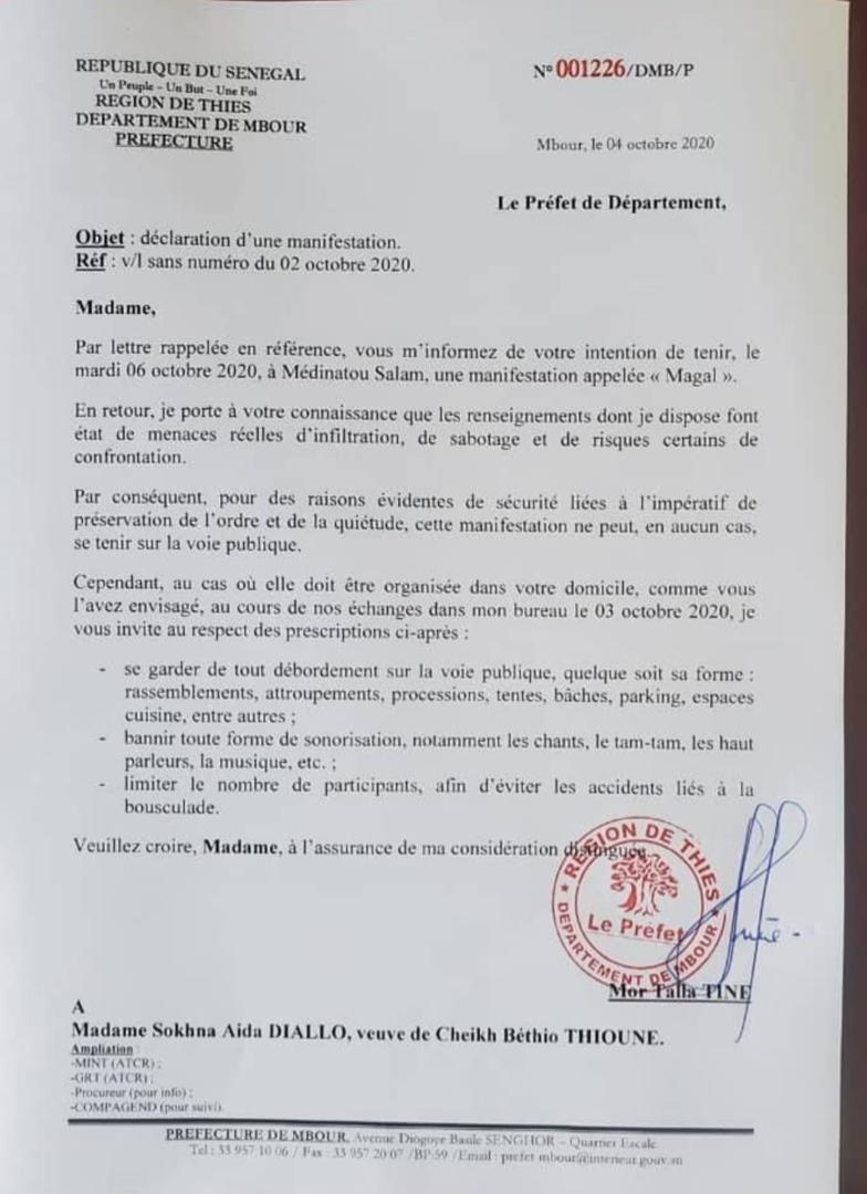 Le Préfet de Mbour interdit le Magal de Sokhna Aida Diallo sur la voie publique Le Préfet de Mbour interdit le Magal de Sokhna Aida Diallo sur la voie publique
