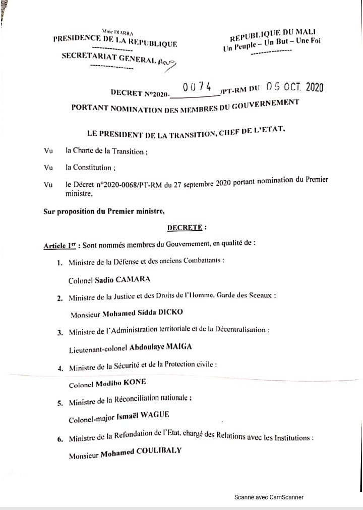 Mali : voici la liste des membres du Gouvernement de la transition