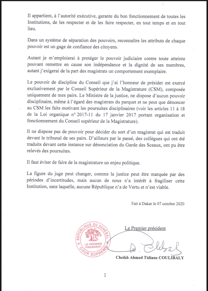 Bras de fer Téliko-Ministre de la Justice: le Président de la Cour suprême siffle la fin de la récréation et recadre les deux parties