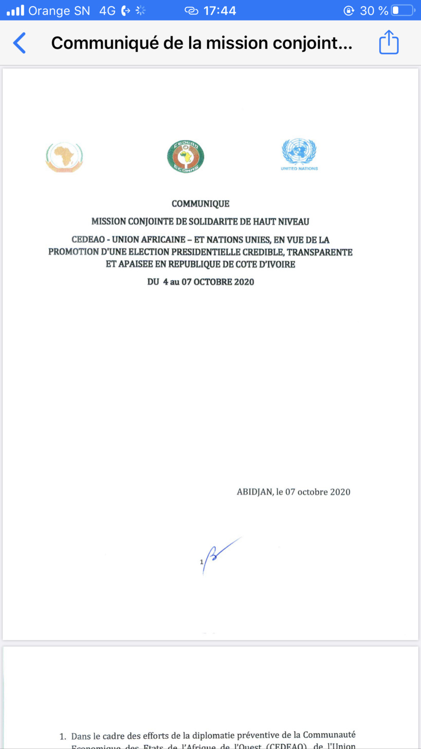 Présidentielle ivoirienne: la mission conjointe de la CEDEAO et l'ONU encouragent les parties prenantes à sécuriser le processus électoral ( Document) Présidentielle ivoirienne: la mission conjointe de la CEDEAO et l'ONU encouragent les parties prenantes à sécuriser le processus électoral ( Document)