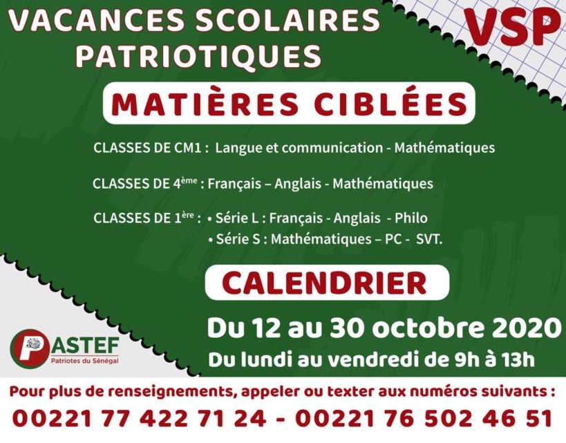 Les Vacances scolaires patriotiques auront lieu du 12 au 30 octobre 2020