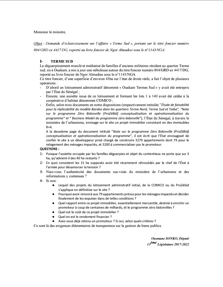 Affaires Terme Sud et cession de biens appartenant à l'Etat: Ousmane Sonko saisit l'Assemblée nationale (Documents)