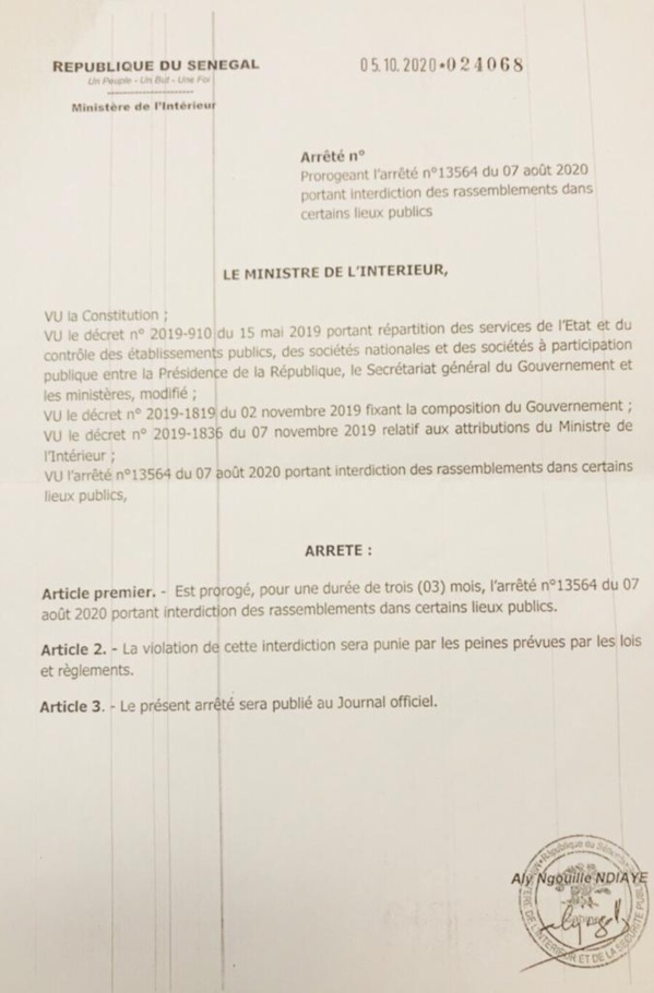 Interdiction des rassemblements dans les lieux publics, Port de masque : Aly Ngouille Ndiaye proroge l'arrêté pour 3 mois Interdiction des rassemblements dans les lieux publics, Port de masque : Aly Ngouille Ndiaye proroge l'arrêté pour 3 mois