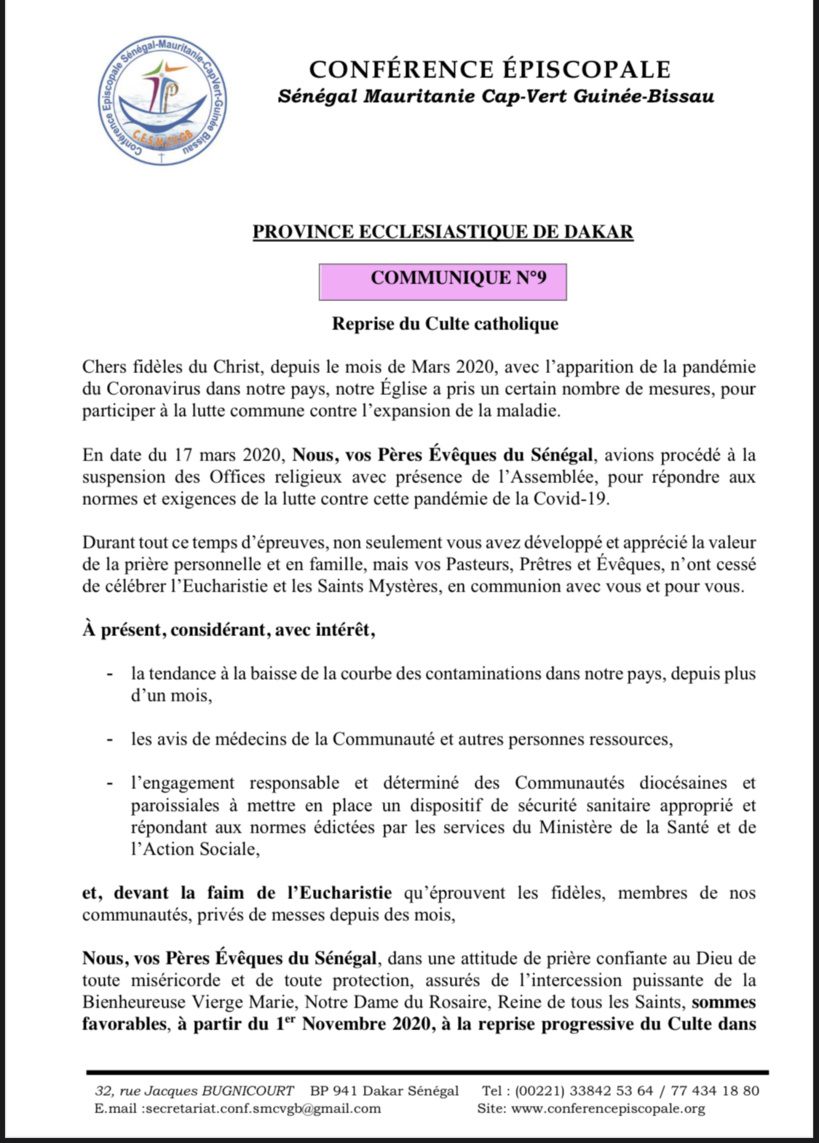 La Province ecclésiastique de Dakar annonce la réouverture des Eglises à partir du 1er novembre La Province ecclésiastique de Dakar annonce la réouverture des Eglises à partir du 1er novembre