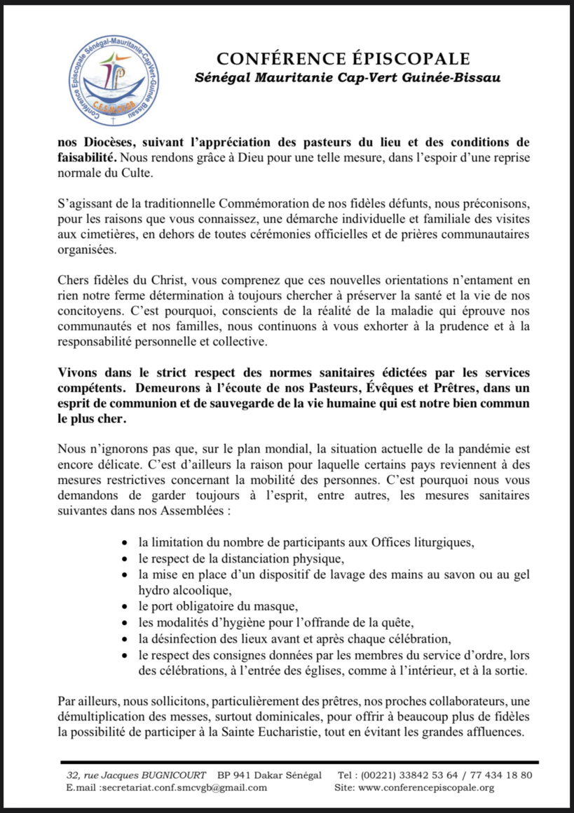 La Province ecclésiastique de Dakar annonce la réouverture des Eglises à partir du 1er novembre
