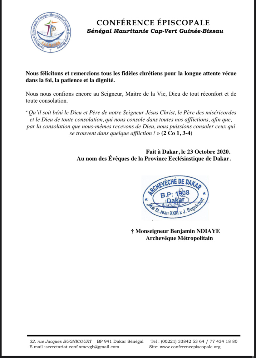 La Province ecclésiastique de Dakar annonce la réouverture des Eglises à partir du 1er novembre