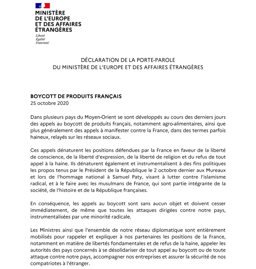 Le ministère des Affaires étrangères demande l’arrêt des appels au boycott des produits français