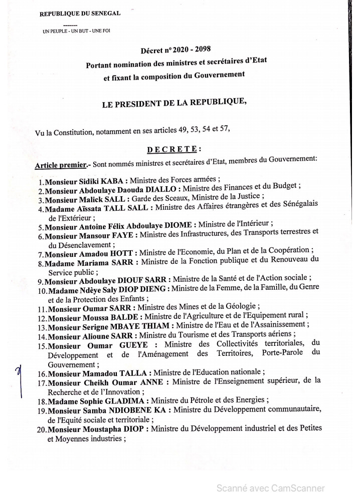 Macky Sall forme un gouvernement de 33 ministres et 4 secrétaires  d'État (Document)