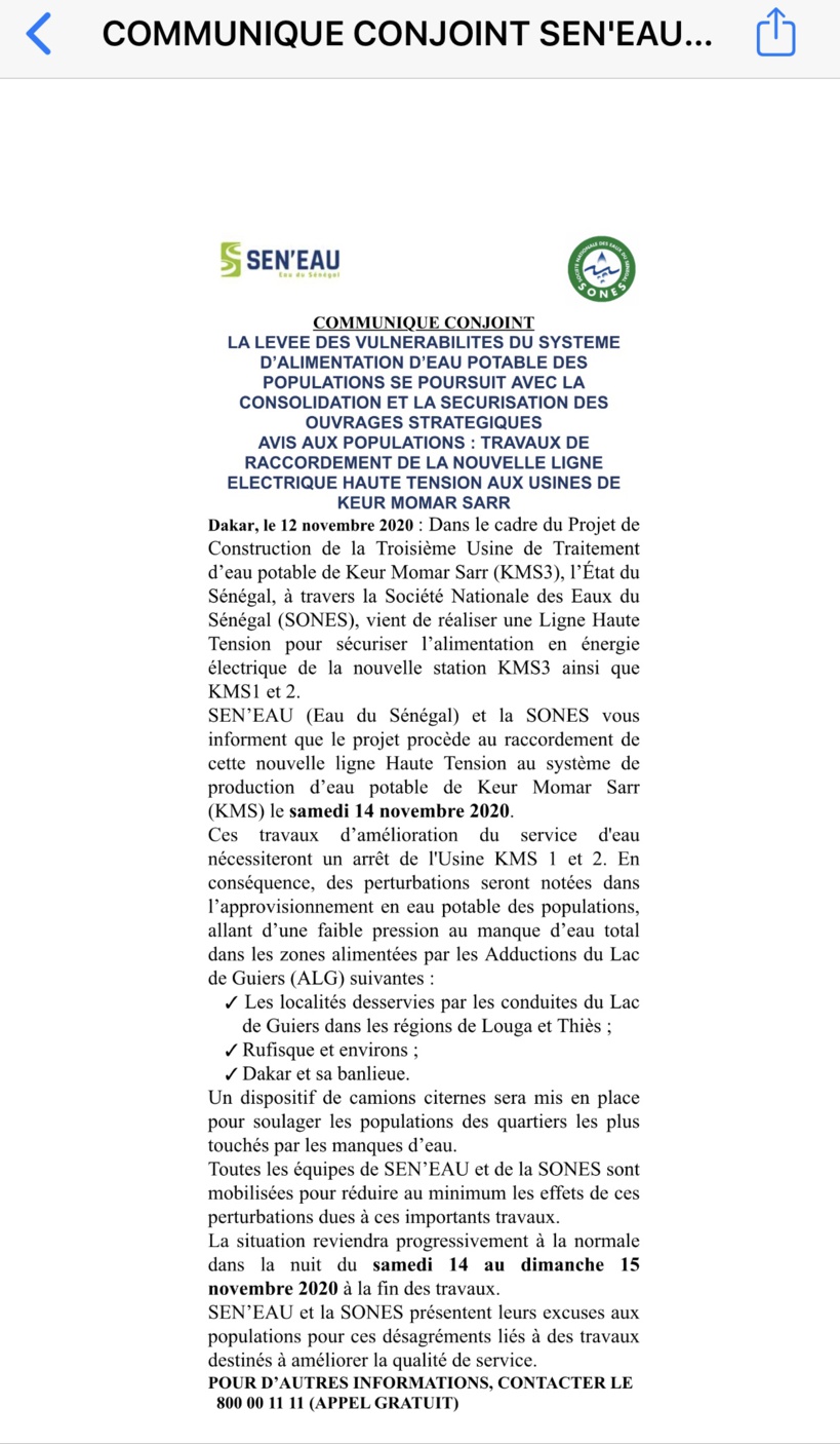 Distribution de l'eau : des perturbations prévues dans certaines localités du Sénégal ce samedi Distribution de l'eau : des perturbations prévues dans certaines localités du Sénégal ce samedi