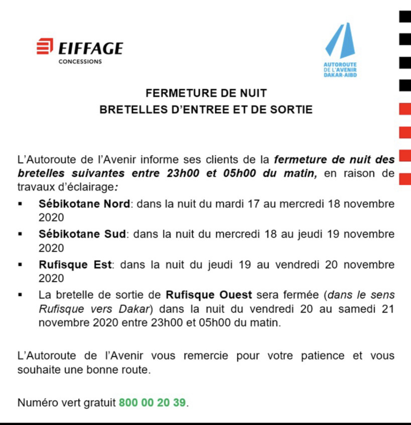 Autoroute de l’Avenir: dates et heures de Fermetures de nuit des Bretelles d’entrée et de sortie