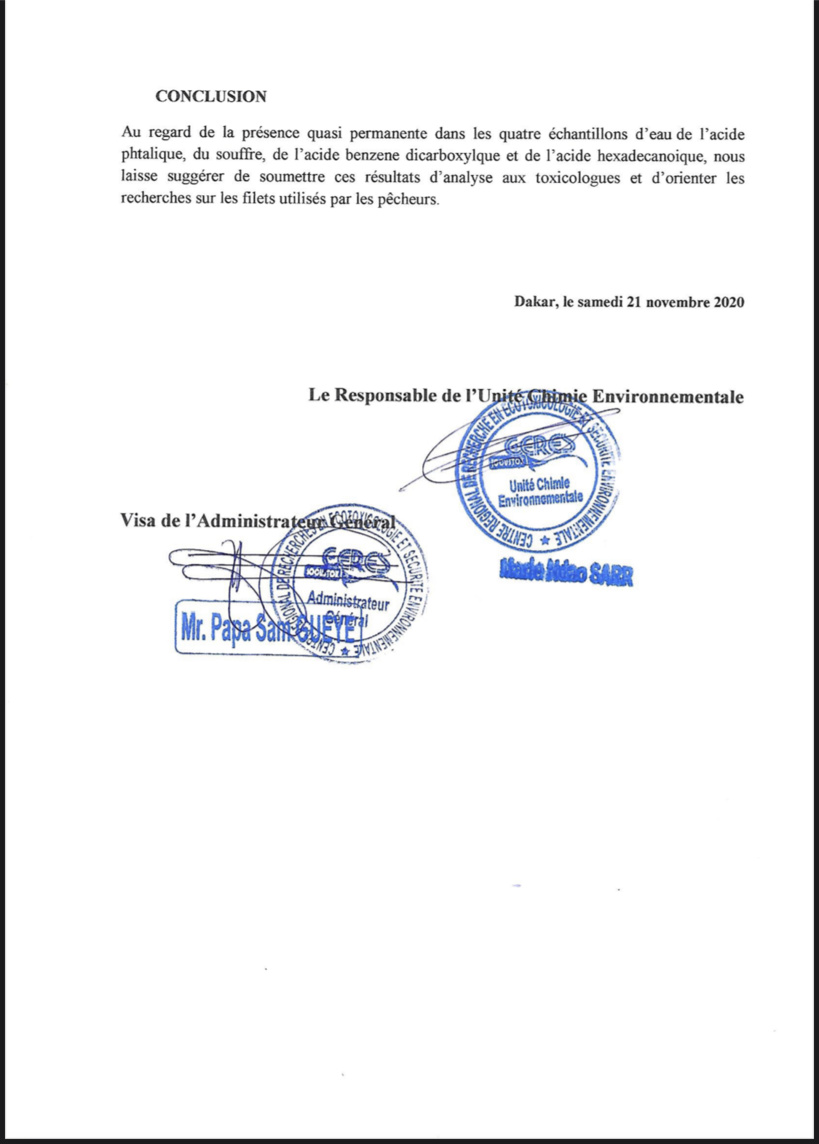 Les analyses effectuées sur les prélèvements en mer écartent la thèse de la pollution chimique et soupçonnent les filets des pêcheurs (Document) Les analyses effectuées sur les prélèvements en mer écartent la thèse de la pollution chimique et soupçonnent les filets des pêcheurs (Document)