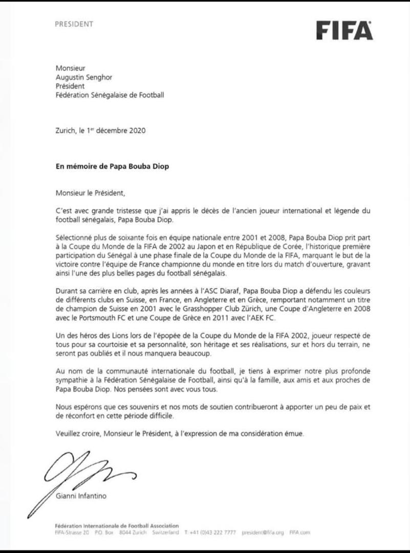 Gianni Infantino sur Pape Bouba Diop: "son héritage et ses réalisations ne seront pas oubliés" Gianni Infantino sur Pape Bouba Diop: "son héritage et ses réalisations ne seront pas oubliés"